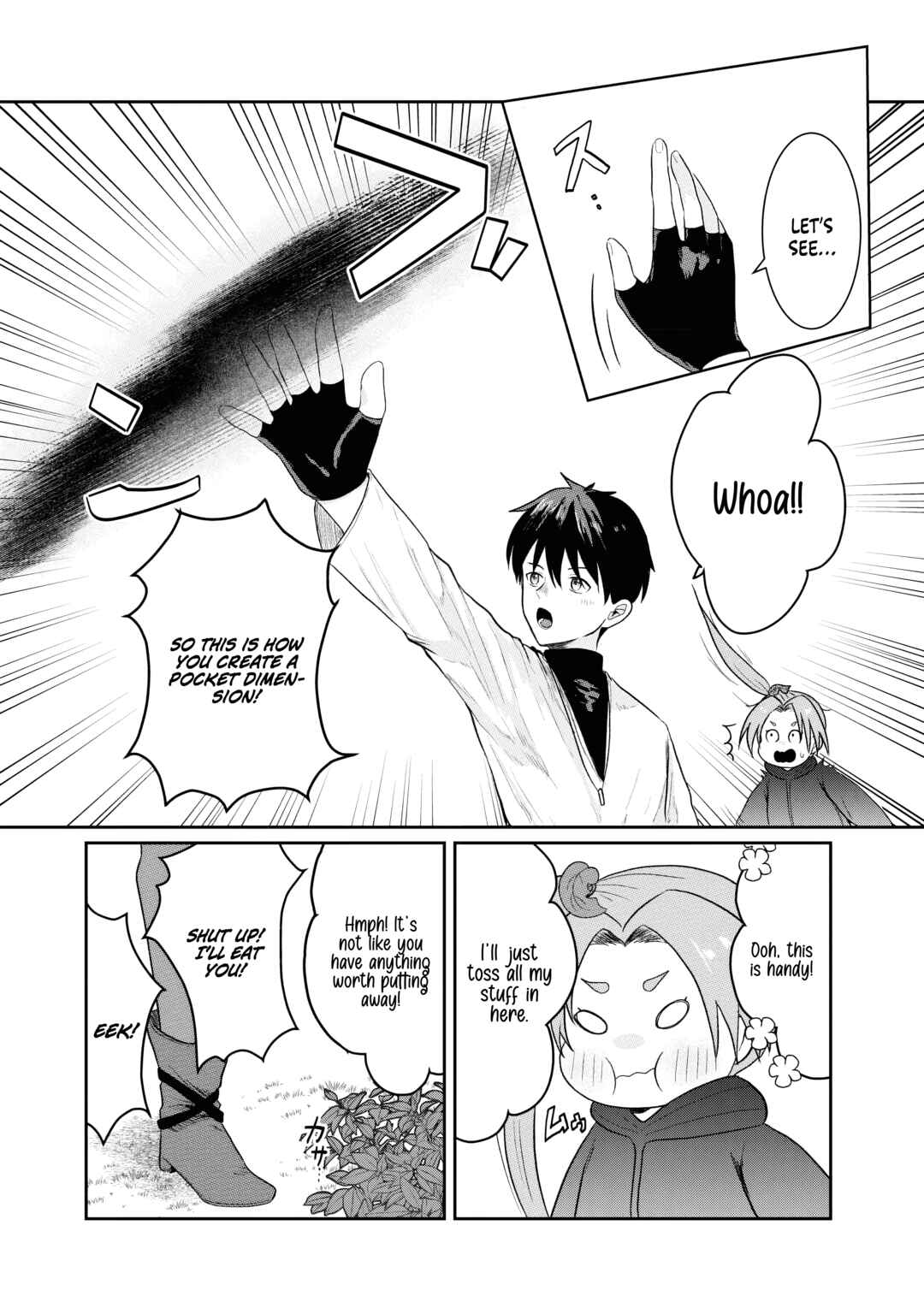 Page 12 Chapter 2 Sono Hen no Kusa demo Kuttoke to Tsuihou Sareta Munou Skill [Shokubutsugui] Mochi Tenseisha, Elf no Sato de Maboroshi no Shokubutsu wo Tabete Musou Suru
