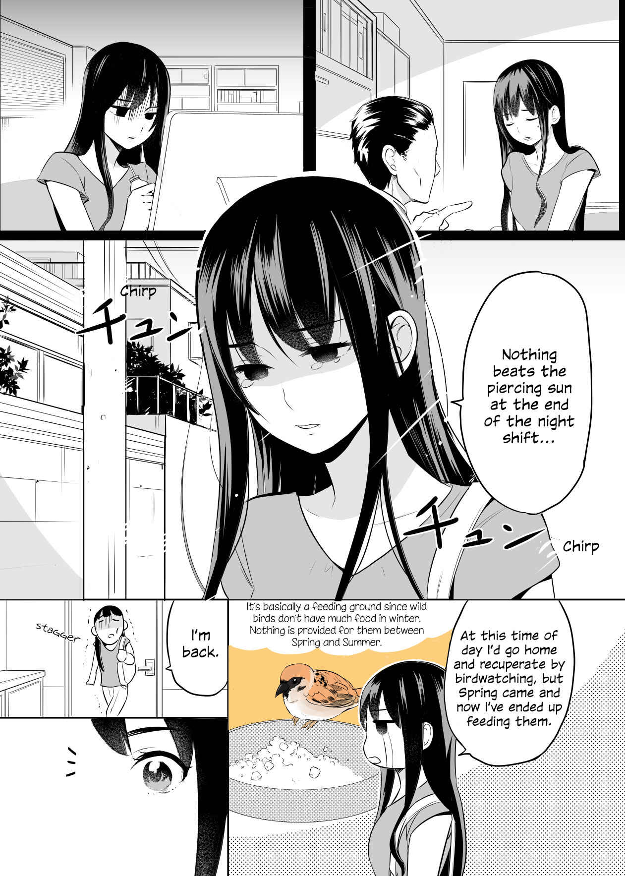 Page 1 Chapter 2 A Cute Bird Comes to an Office Lady Who Is Tired and Healed by Birdwatching