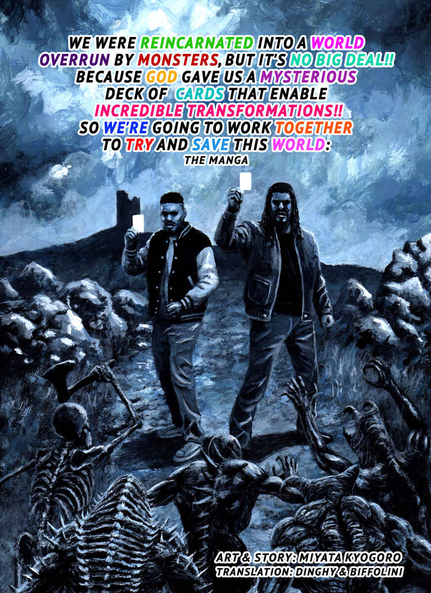 Page 1 Chapter Unknown_2bb2 We Were Reincarnated Into a World Overrun by Monsters, but It’s No Big Deal Because God Gave Us a Deck of Mysterious Cards That Enable Incredible Transformations, So We’re Going To Work Together To Save This World: The Manga