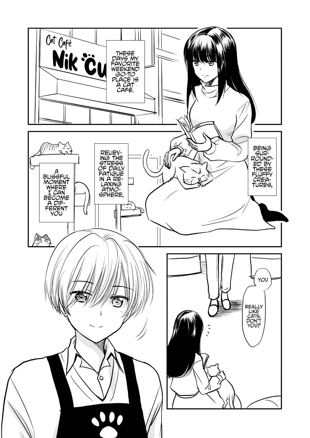 Page 1 Chapter 0 The Charismatic Cat Café Manager (who dresses as a guy) and the Frequent Customer (who dresses as a) Lady
